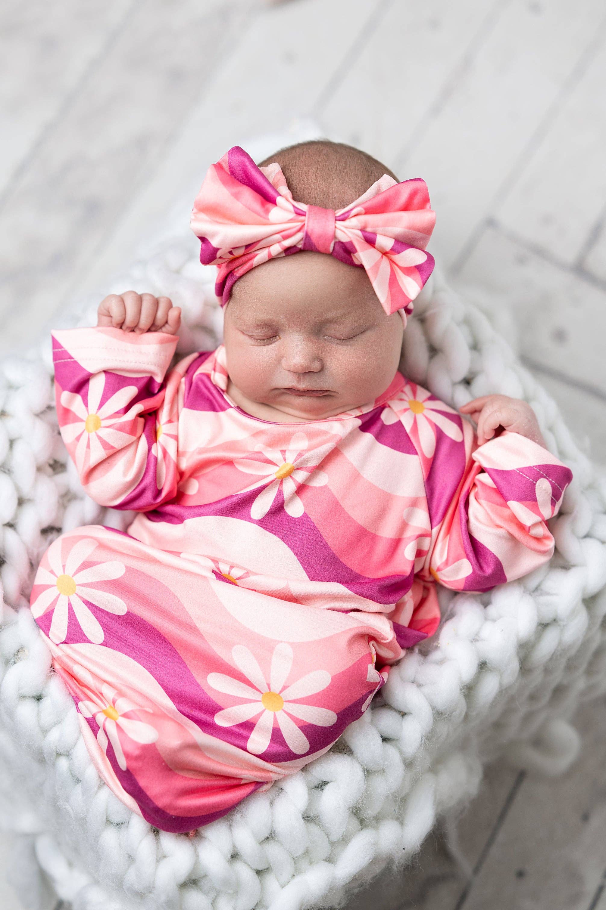 Infant Girls Pink Wave Flower Baby Gown and Bow Headband