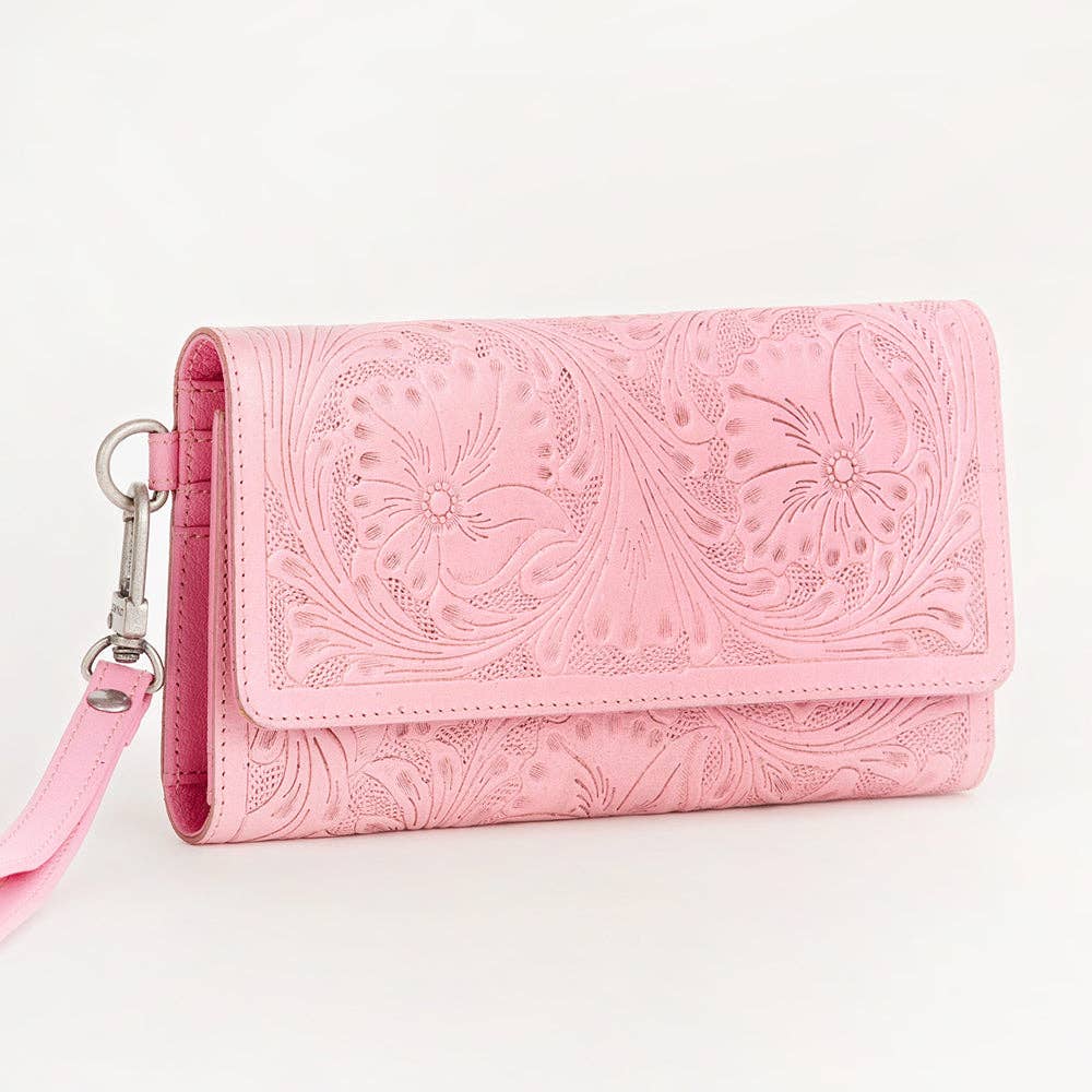 Loyal West Drover Wallet Pink Handtooled Leather Calfskin Single