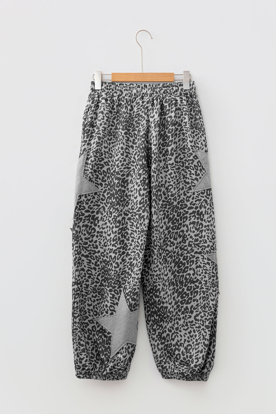 Khaki Leopard Print Star Patched Drawstring Elastic Waist Jogger Pants