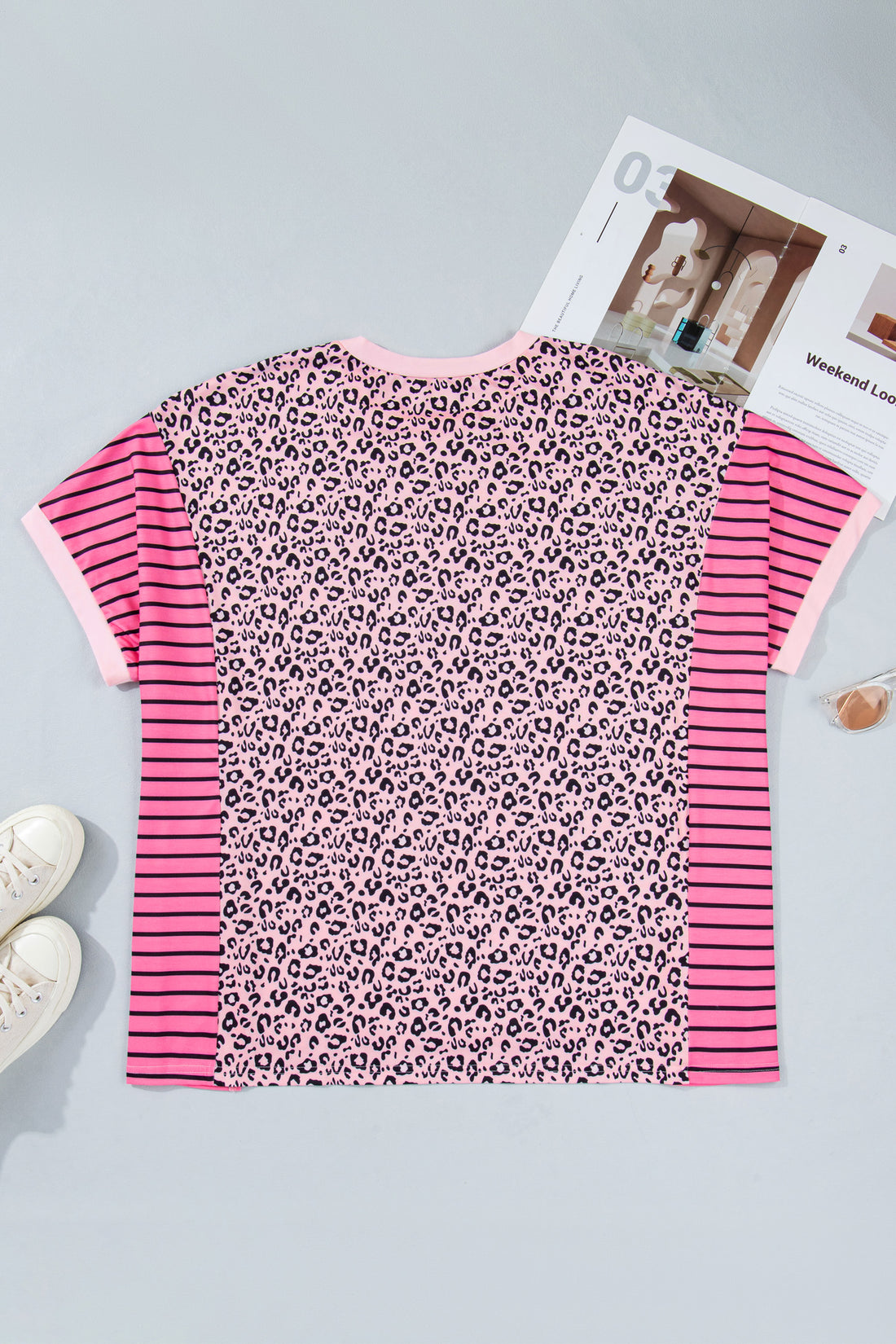 Pink Leopard Striped Contrast Patchwork Plus Size Tee