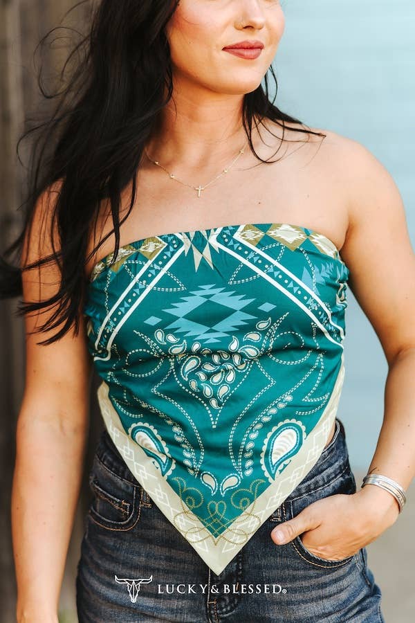 Teal Aztec Cream BootStitch Printed Strapless Peak Top