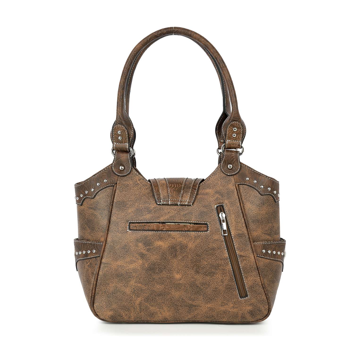 Western Buckle Design Embroidered Shoulder Bag: Brown