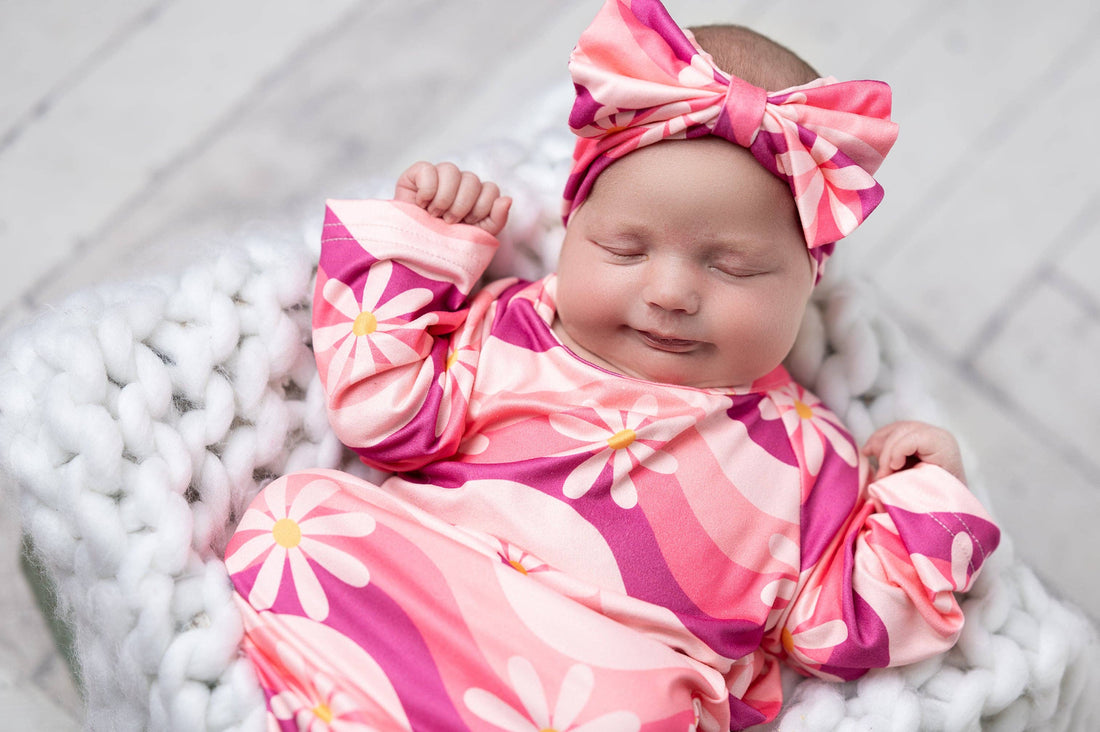 Infant Girls Pink Wave Flower Baby Gown and Bow Headband
