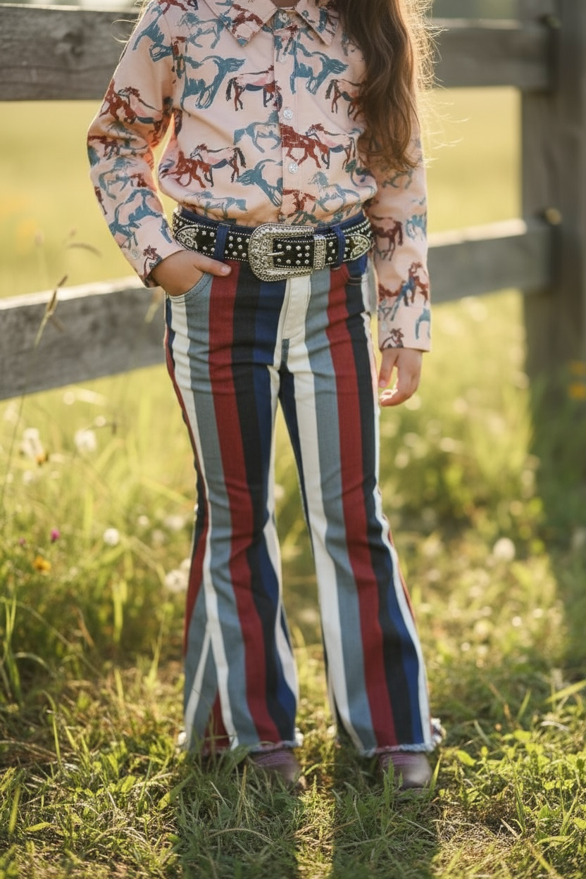 Multi-color stripe printed bootcut denim pants