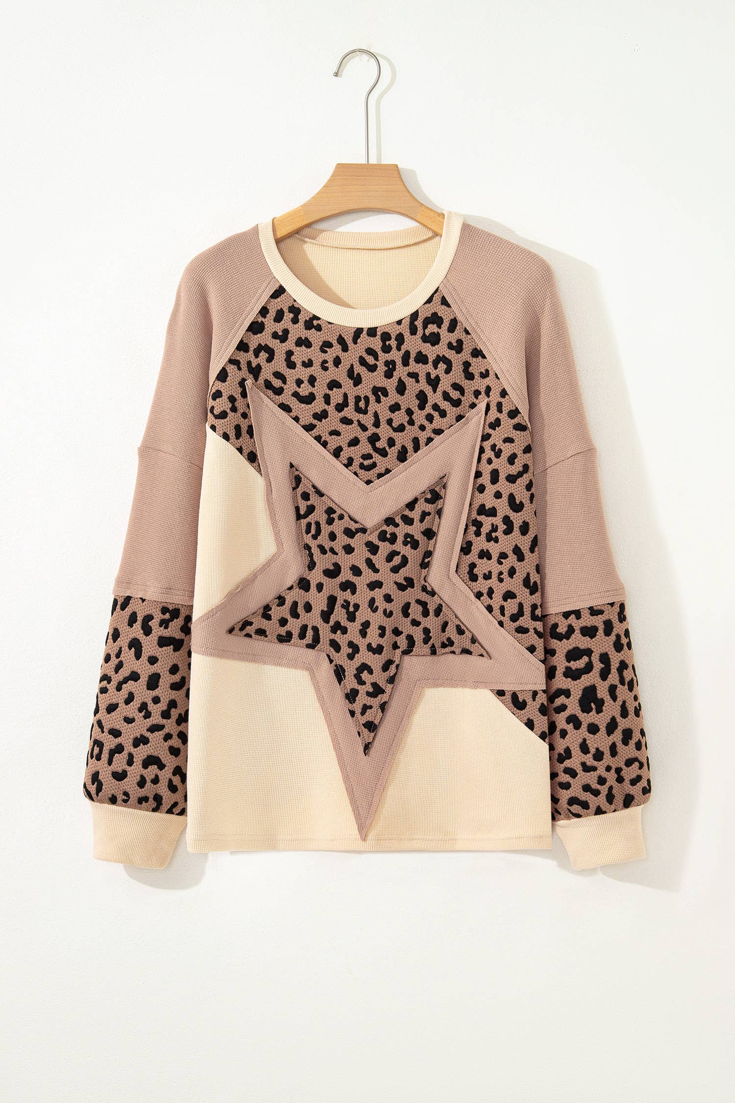 Light Beige Leopard Star Color Block Baggy Long Sleeve Sweatshirt