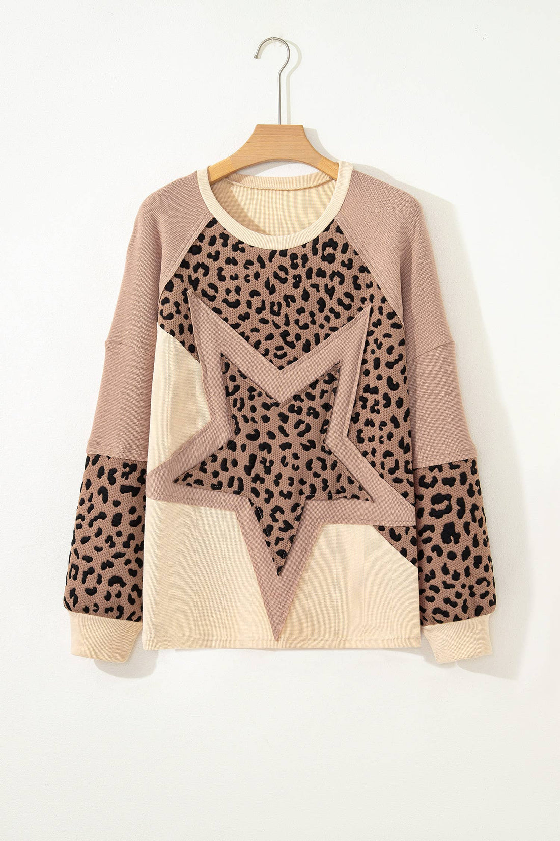 Light Beige Leopard Star Color Block Baggy Long Sleeve Sweatshirt
