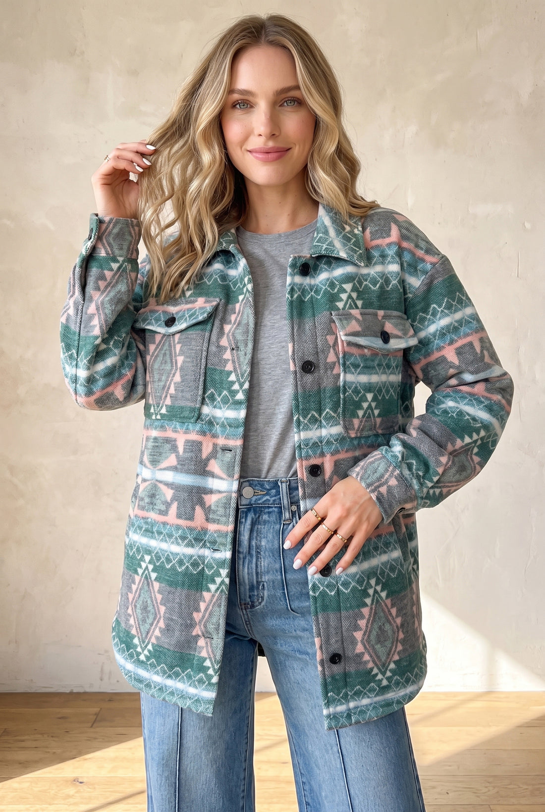 Green Geometric Print Button Front Long Sleeve Shacket