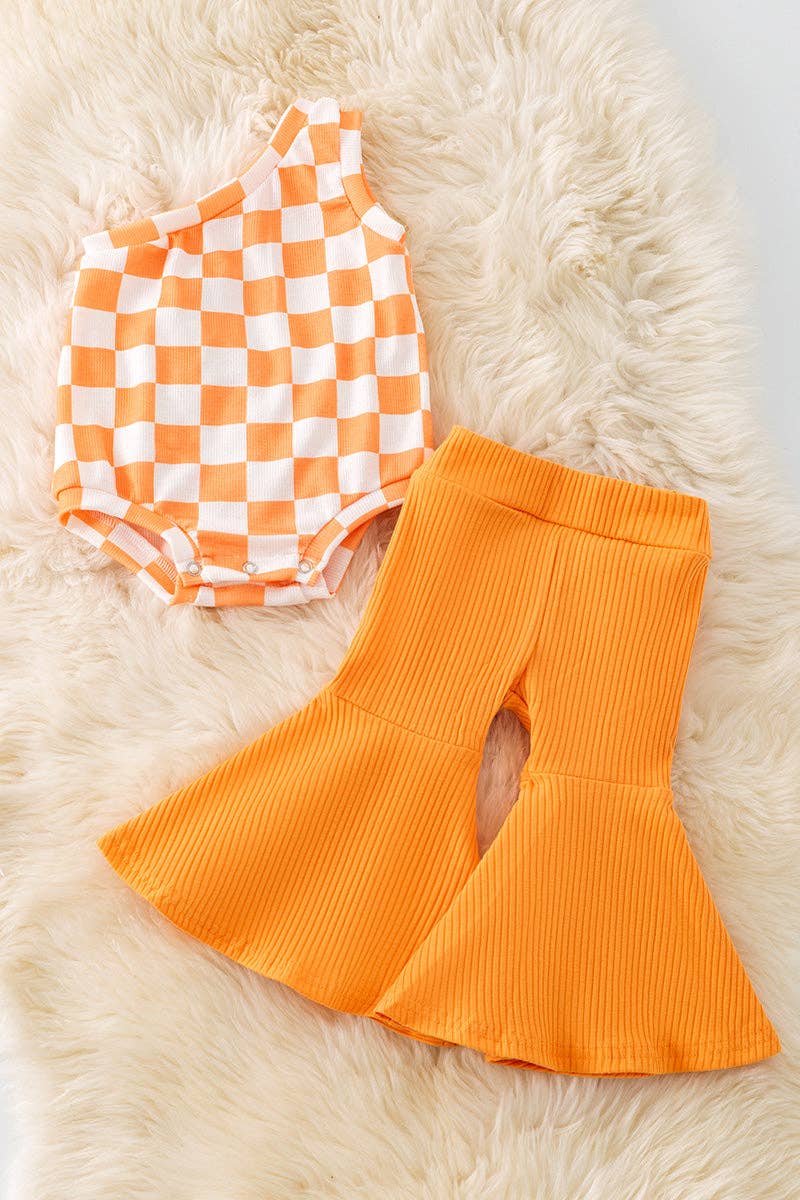 Orange Checkered cold shoulder 2pc set