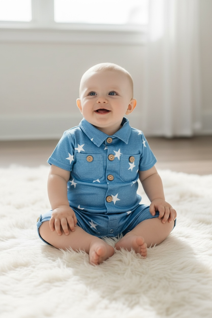 Star Printed Baby Boy Romper with Snaps