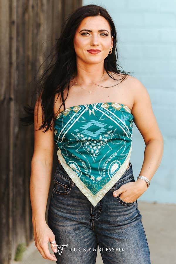 Teal Aztec Cream BootStitch Printed Strapless Peak Top