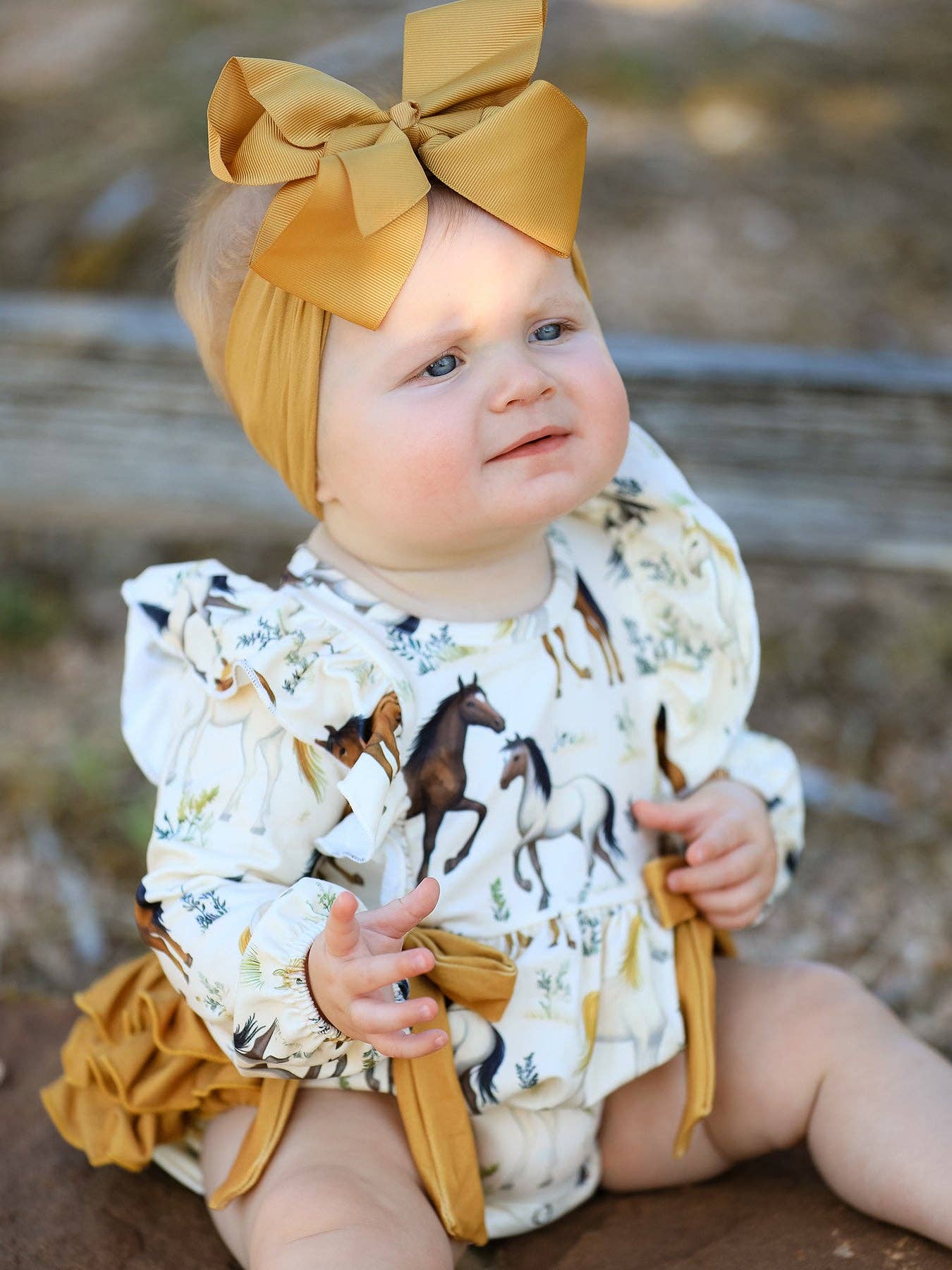 Western Horse Print Girls Long Sleeve Romper With Bow Ruffle