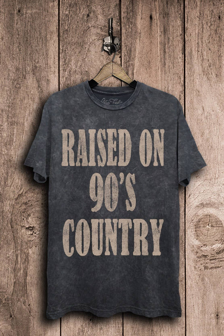Raised on 90s Country Graphic Top: Vintage Black Mineral Wash