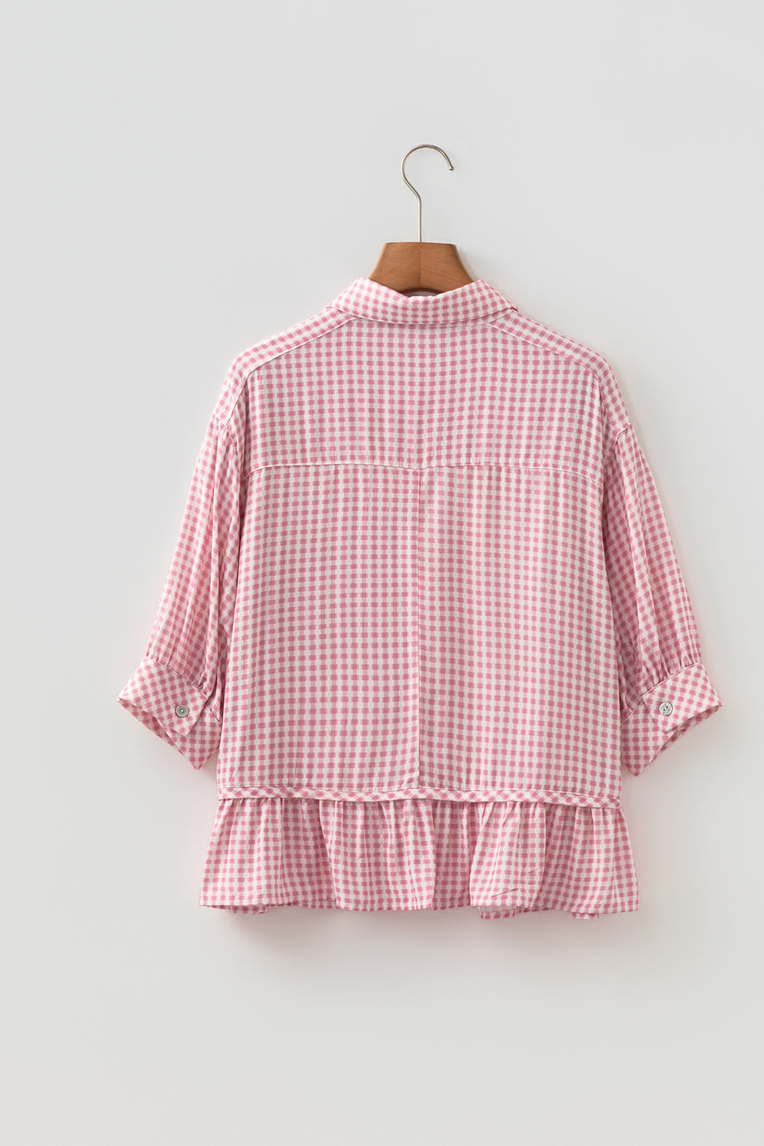 Pink Plaid Half Sleeve Ruffle Hem Button Down Shirt