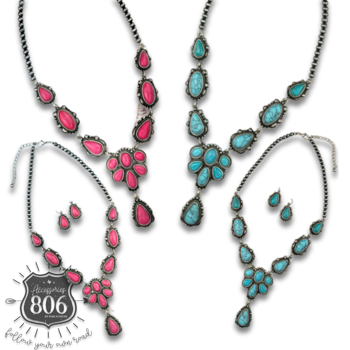 Western stone concho necklace set: Fuchsia