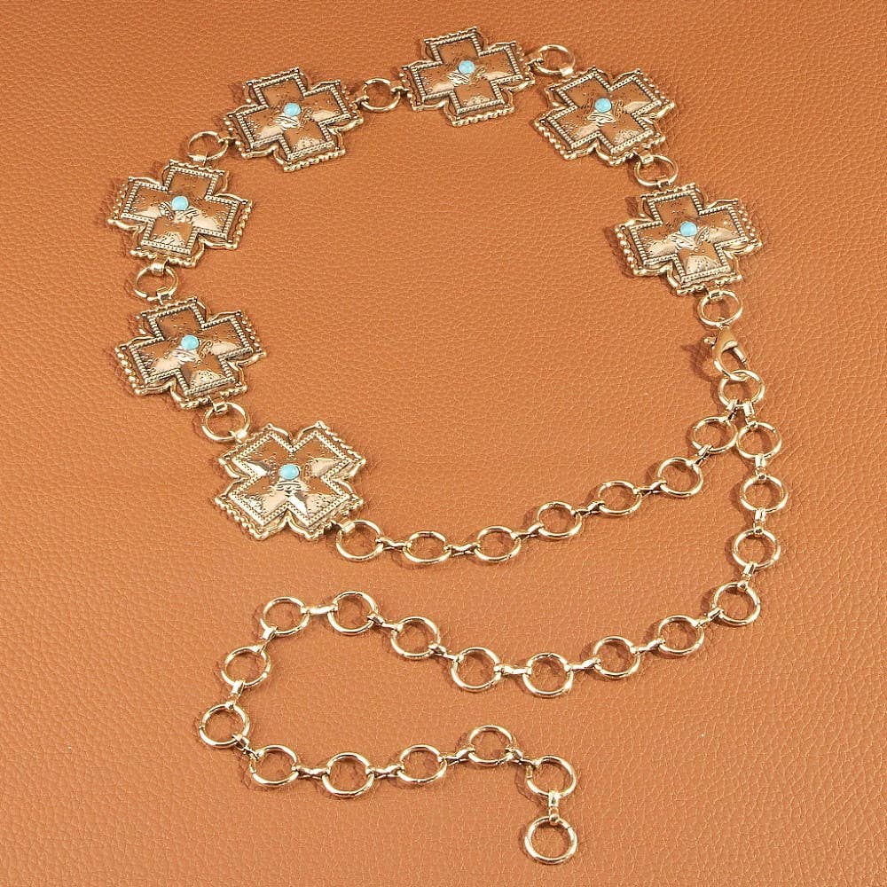 Turquoise Cross Concho Chain Belt Gold