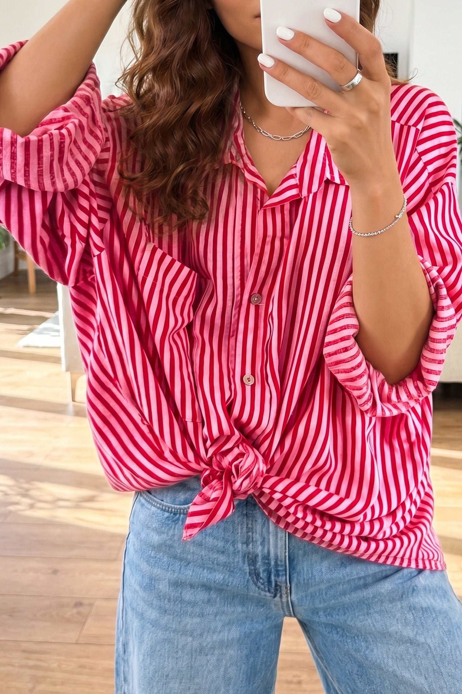Red Stripe Button-Up Shirt Long Sleeve Patch Pocket Casual Shirt
