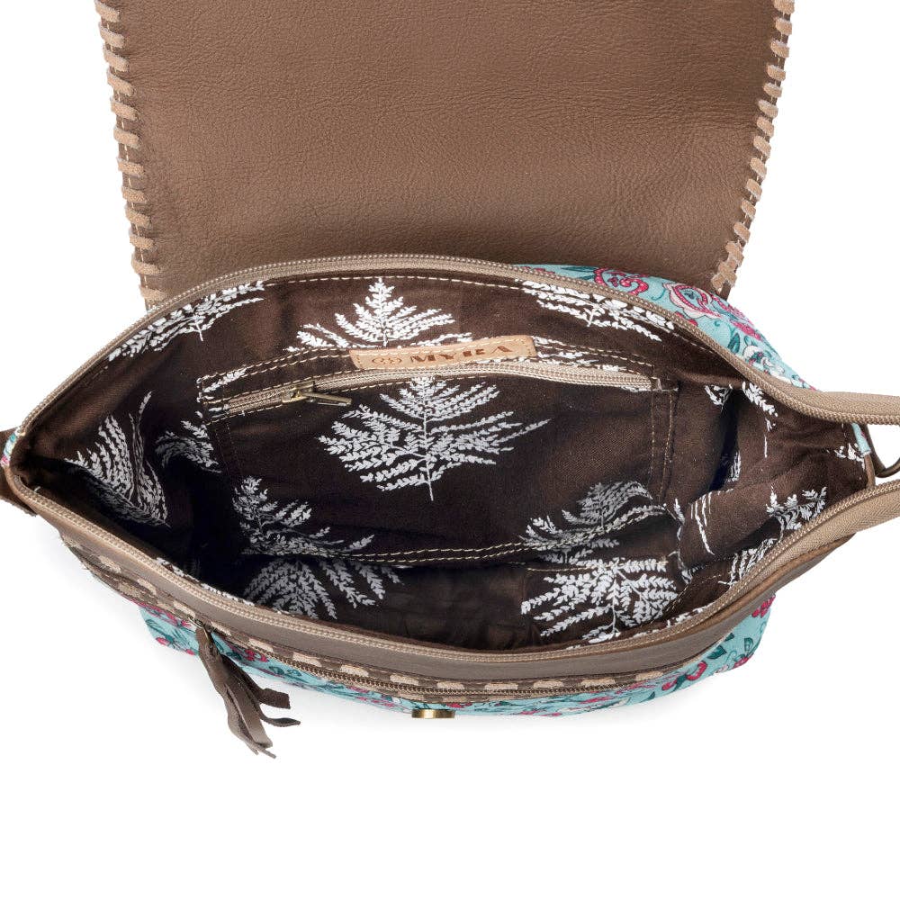 Myra Bag Lagoon Lily upcycled canvas Bag for Women in blue with leather and weaved flap