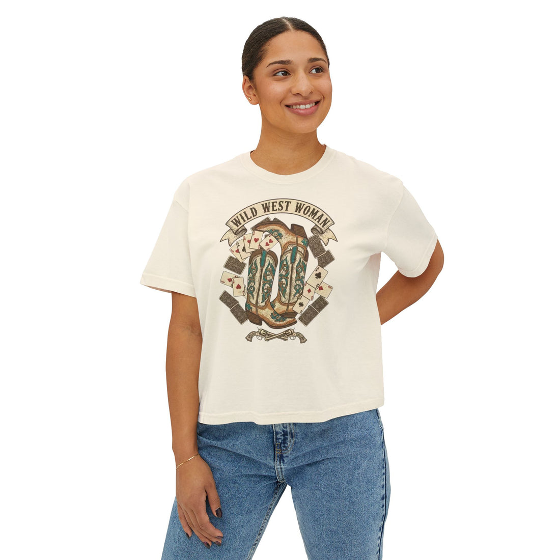 Wild West Woman Boxy Tee — Retro Cowboy Boots & Playing Cards Graphic