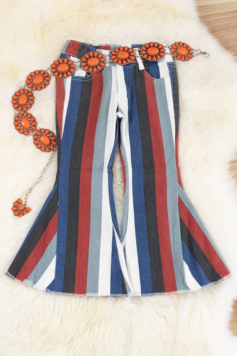 Multi-color stripe printed bootcut denim pants