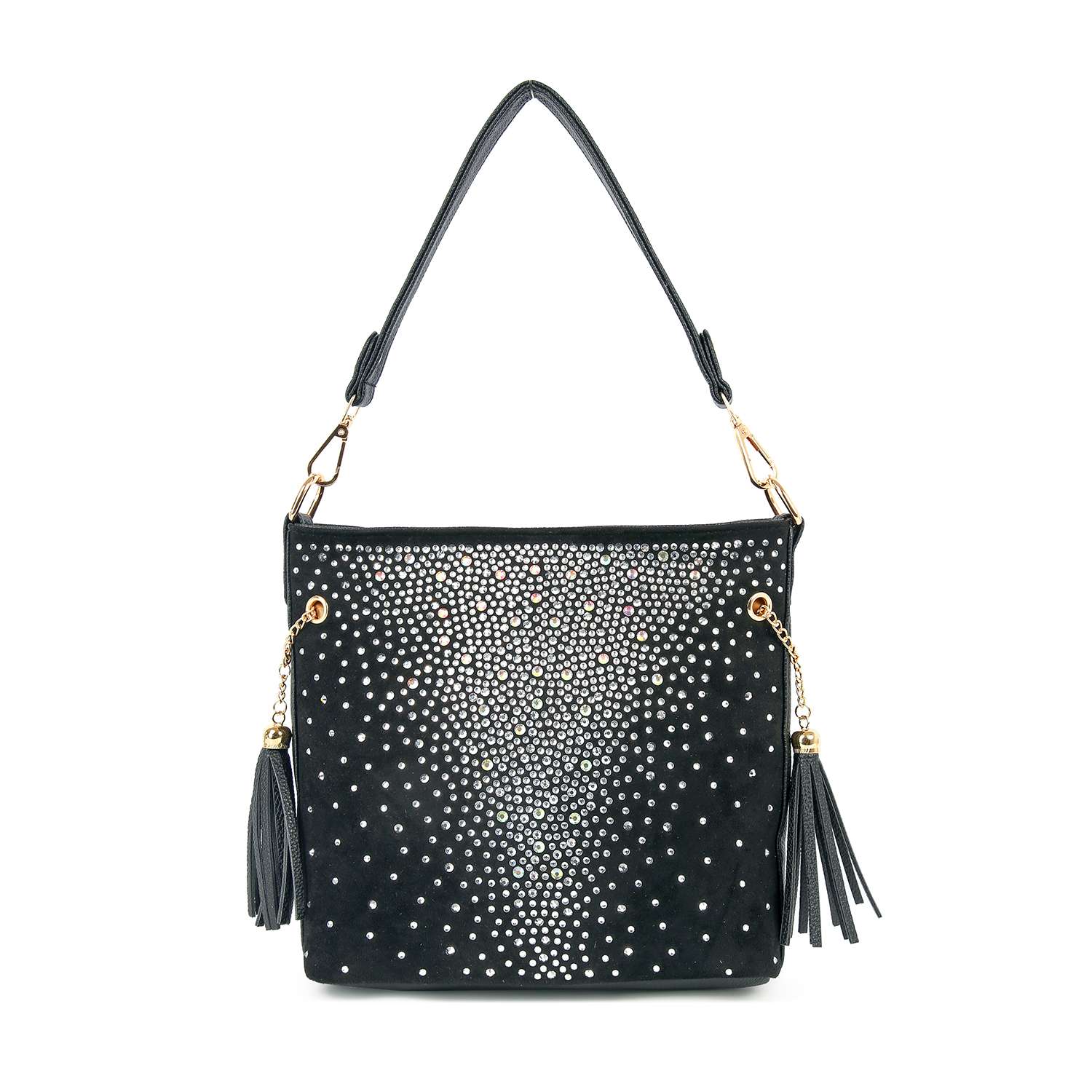 Stunning Iridescent Rhinestone Design Hobo Crossbody: Black
