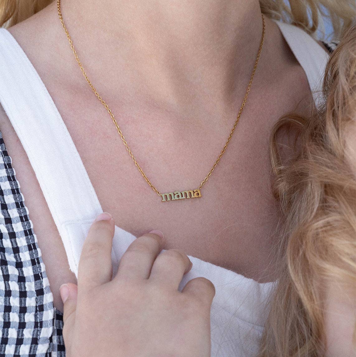 18K Gold PVD Stainless Steel Mama Charm Necklace: Gold