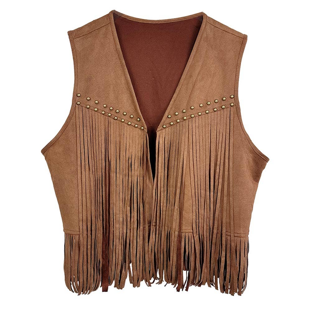Western Studded Fringe Open Front Vest: Camel