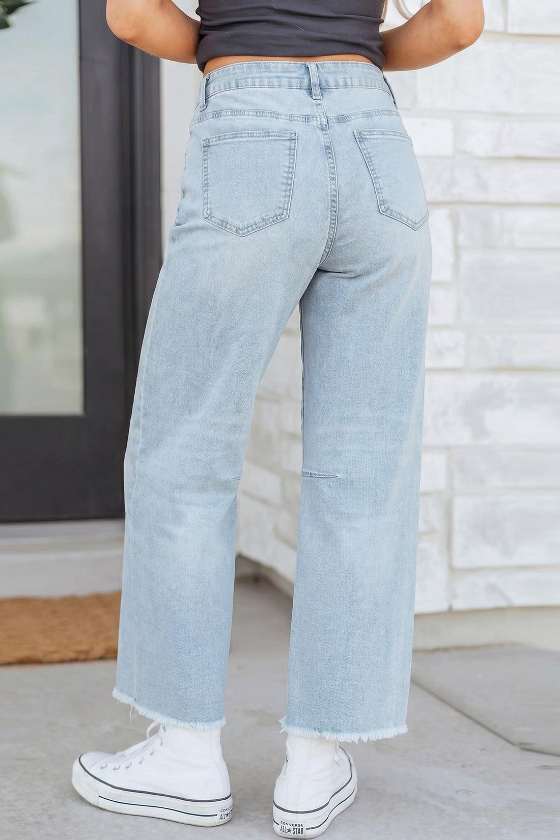 Black Frayed Cropped Straight Jeans