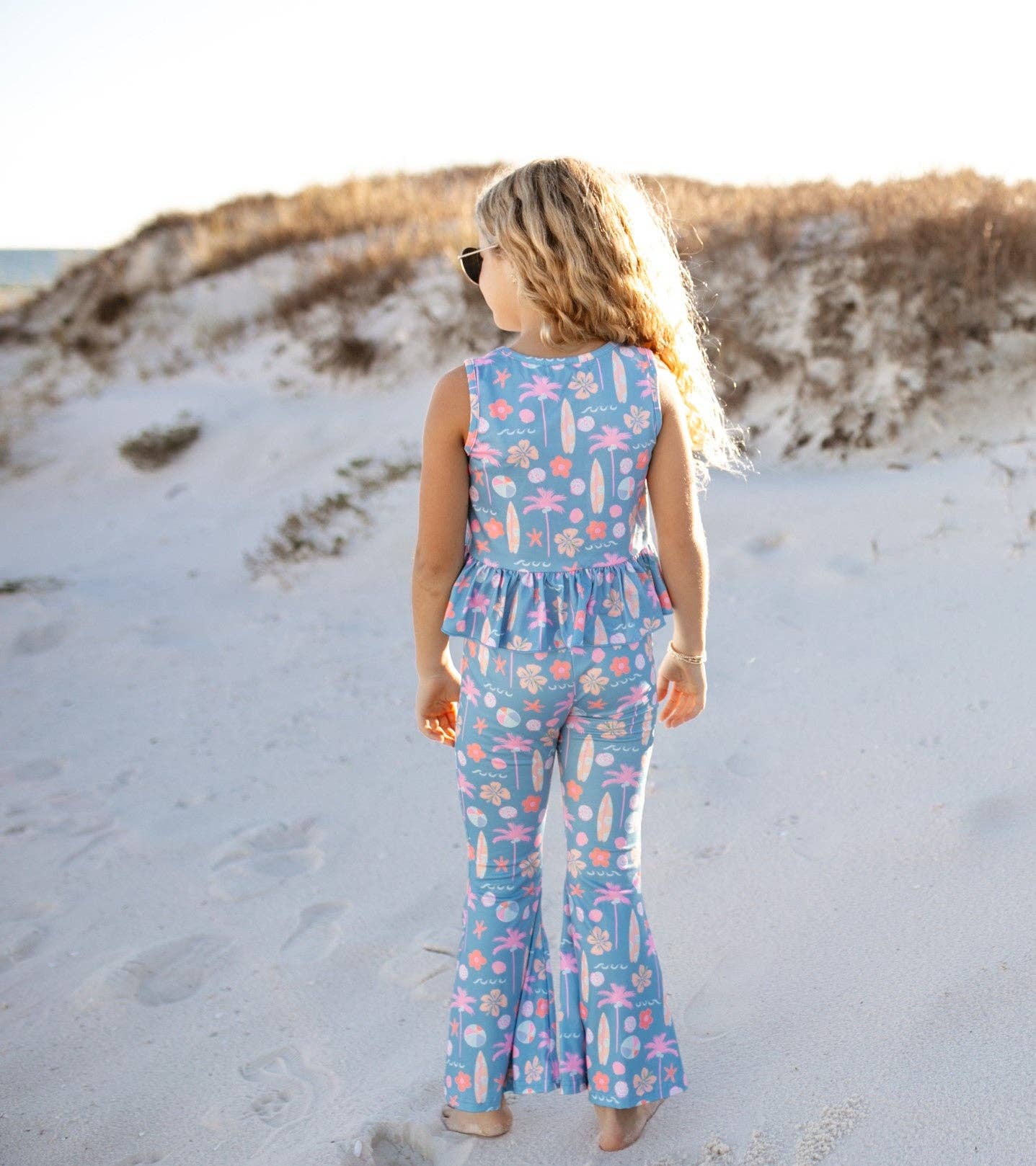 Kids Dusty Blue & Pink Summer Surf Print Flare Pant Set: 2