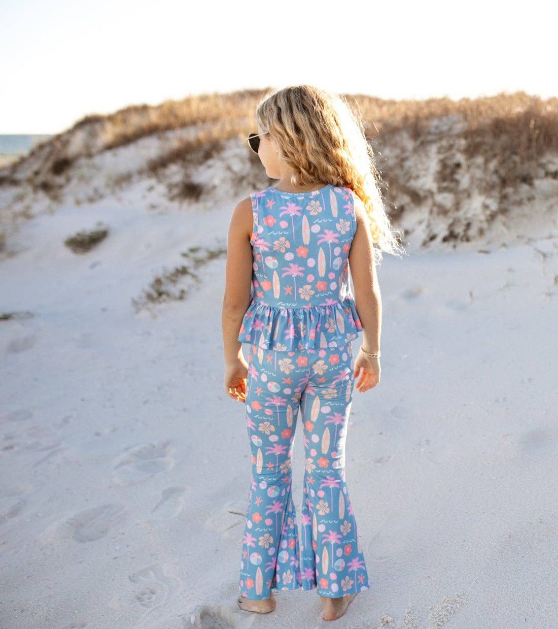 Kids Dusty Blue & Pink Summer Surf Print Flare Pant Set: 2