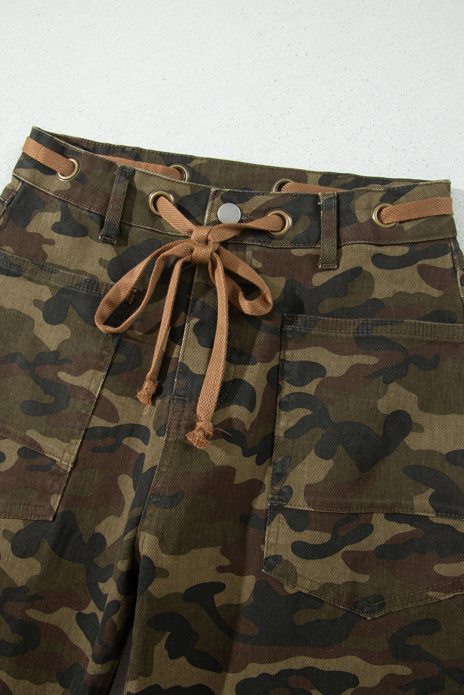 Multicolour Camouflage Print Retro Grommet Tie Waist Loose Jeans