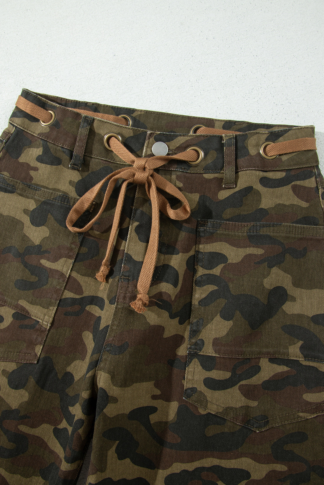 Multicolour Camouflage Print Retro Grommet Tie Waist Loose Jeans