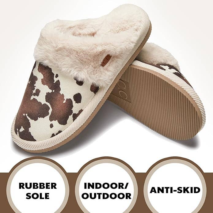 Womens Plush Cow Print Slippers Beige Sherpa Lined