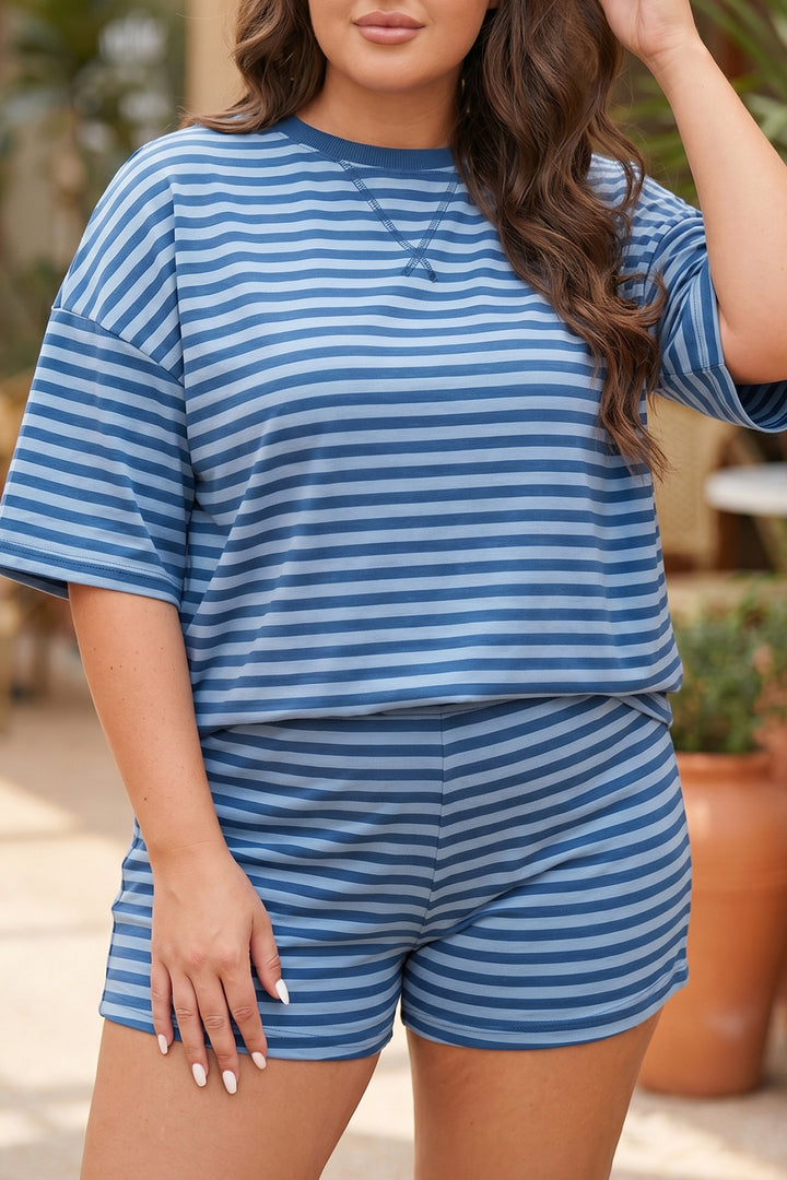 Blue Stripe Plus Size Dropped Shoulder Tee and Shorts Two-Piece Set