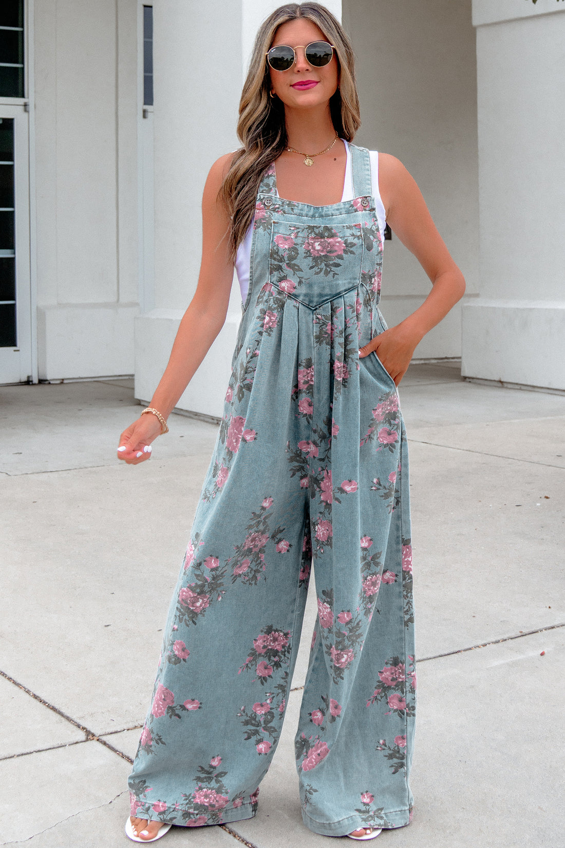 Gray Beau Floral Print Pleated High Waist Wide Leg Denim Jumpsuit