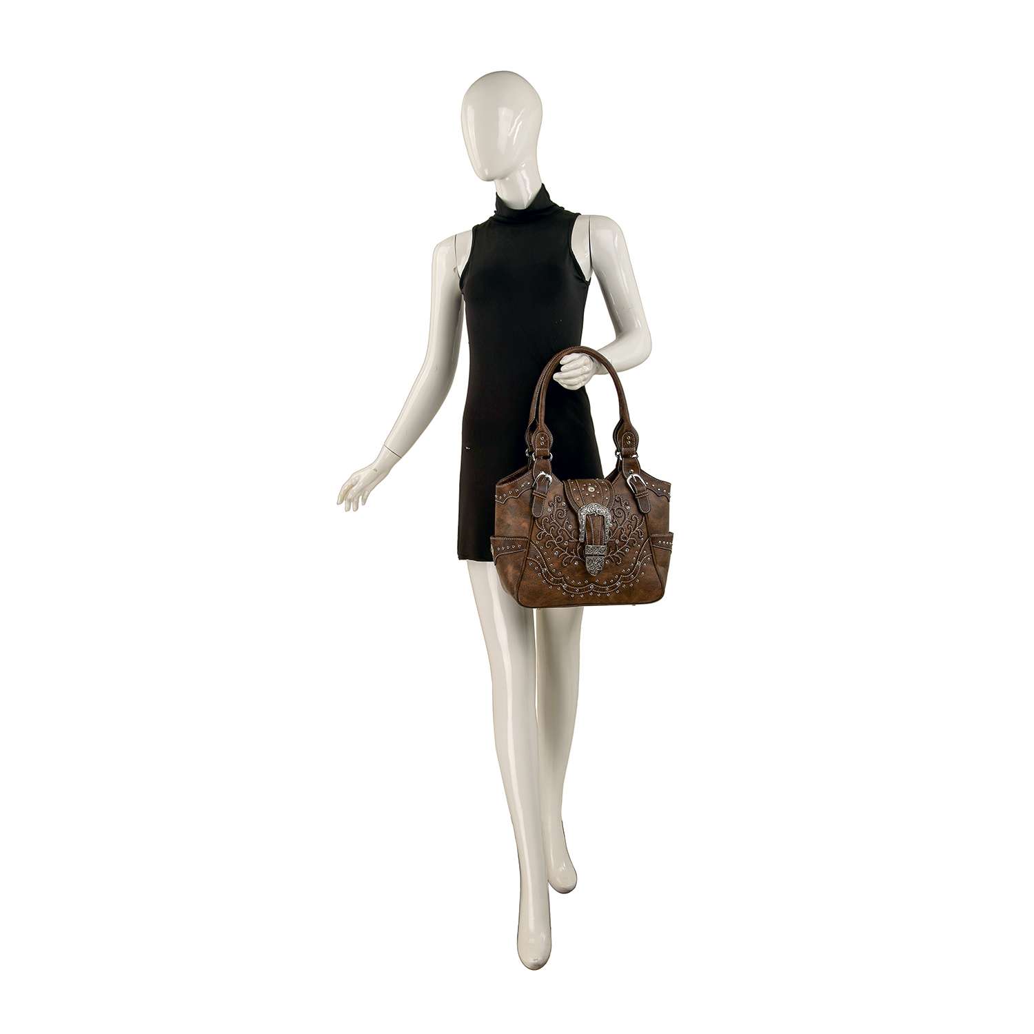 Western Buckle Design Embroidered Shoulder Bag: Brown