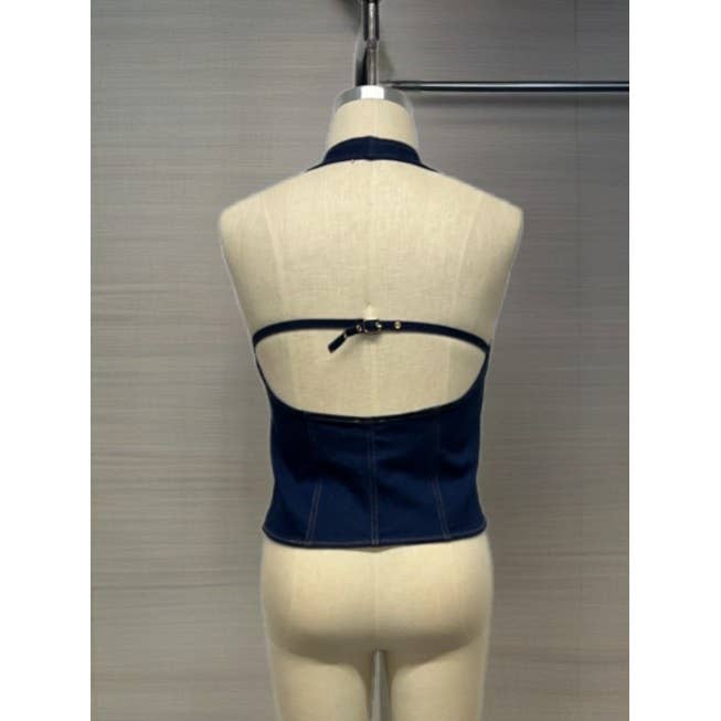 DENIM HALTER NECK BUTTON DOWN VEST TOP