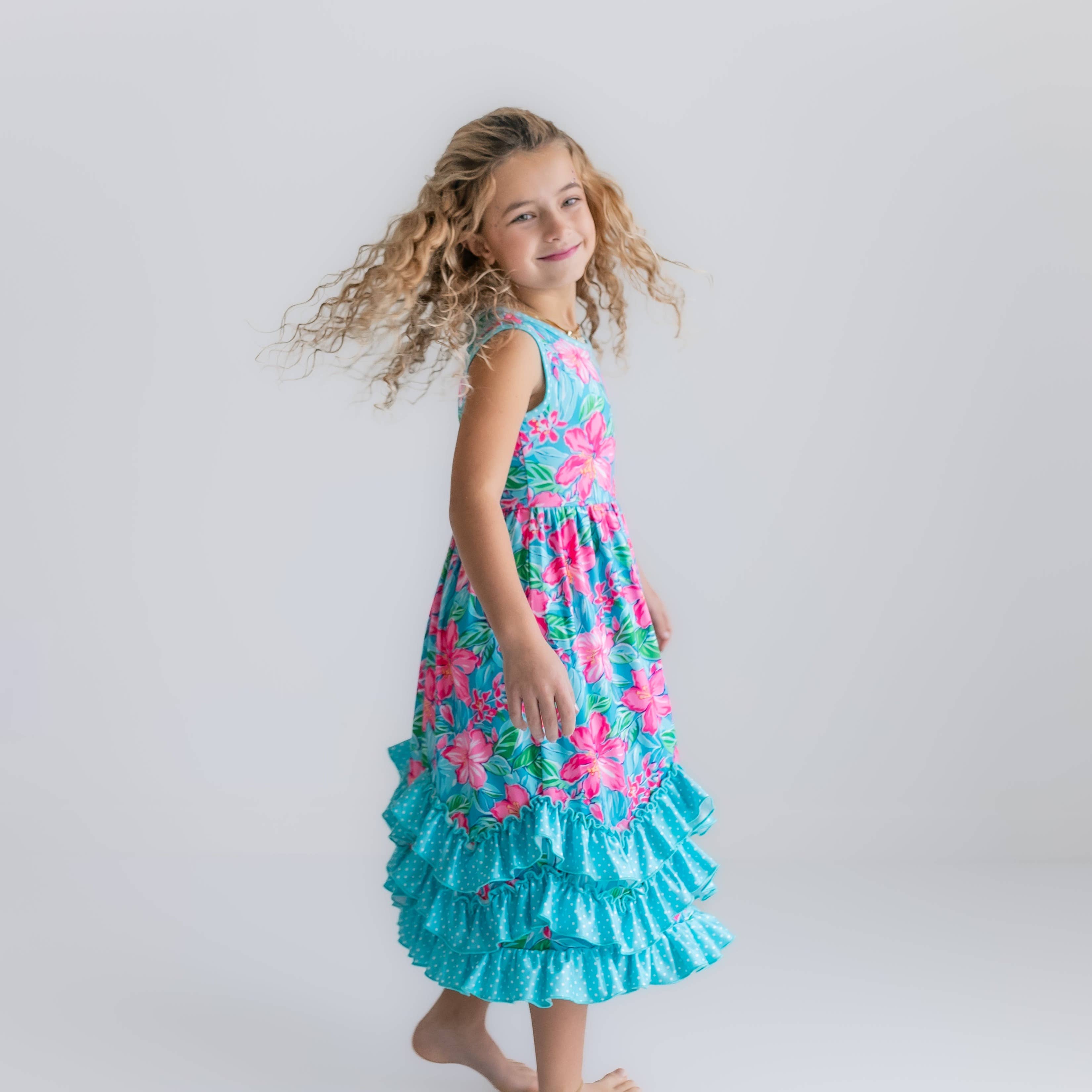 Kids Pink Blue Tropical Ruffle Dress