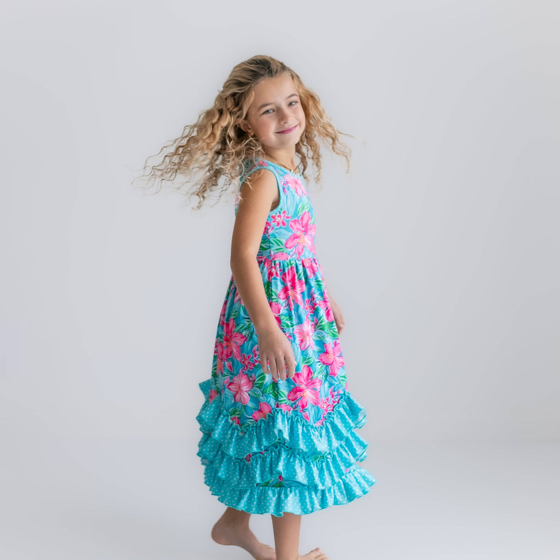Kids Pink Blue Tropical Ruffle Dress