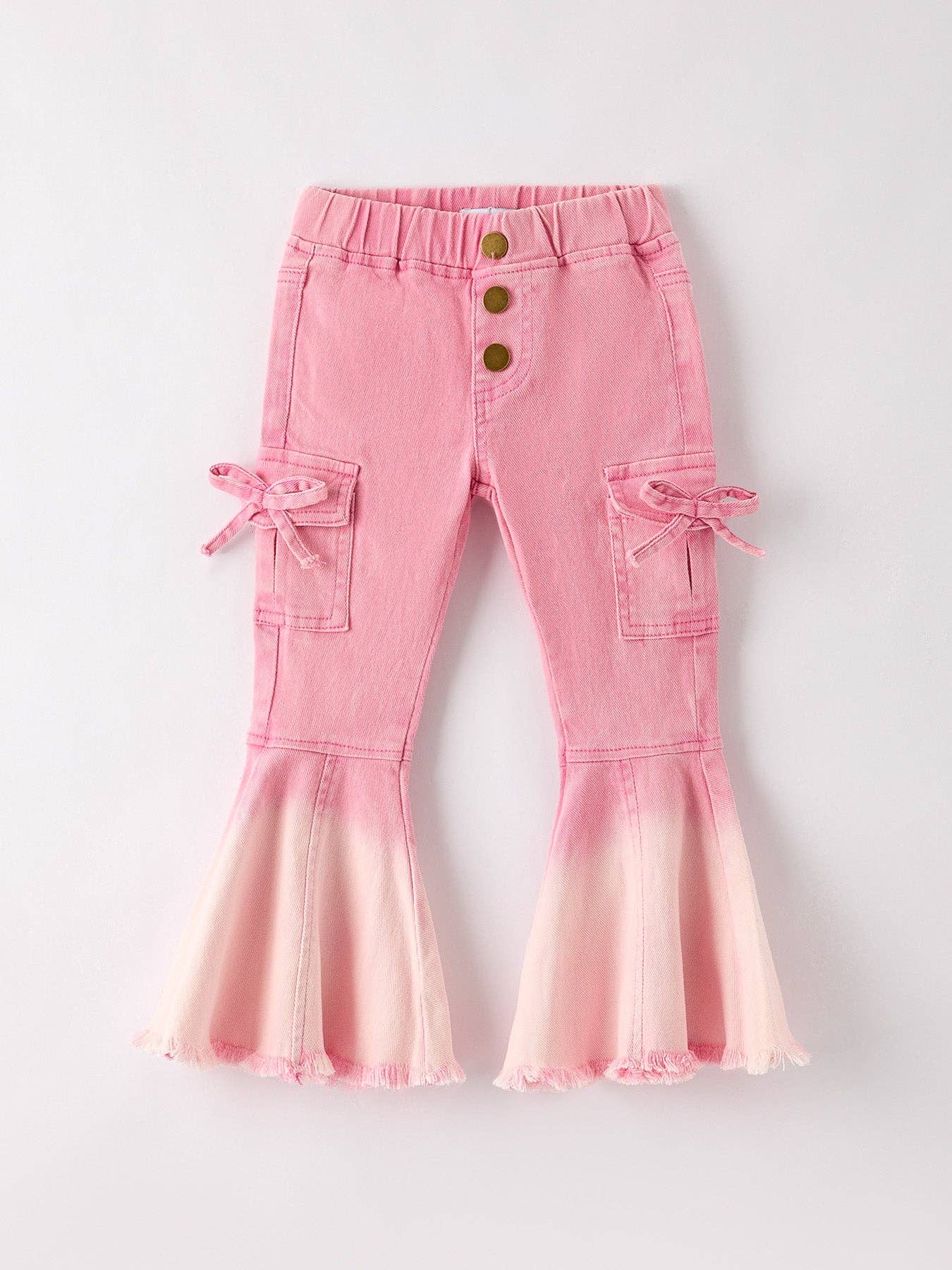 Pink Bell Bottom Jeans With Cargo Pockets And Frayed Hem Detail
