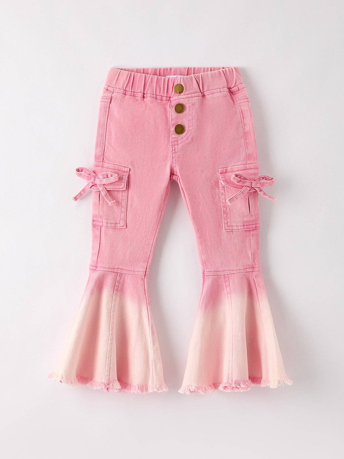 Pink Bell Bottom Jeans With Cargo Pockets And Frayed Hem Detail