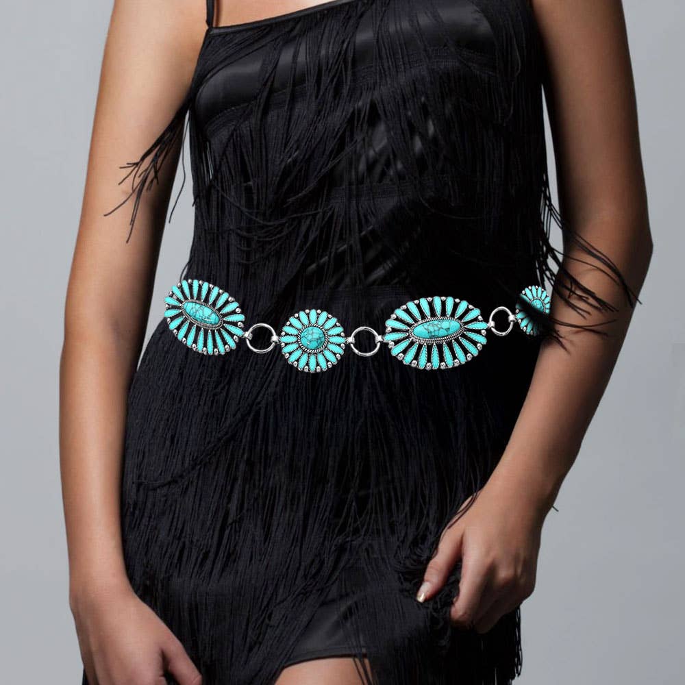 Boho Vintage Western Oval Round Stone Concho Chain Belt: Turquoise