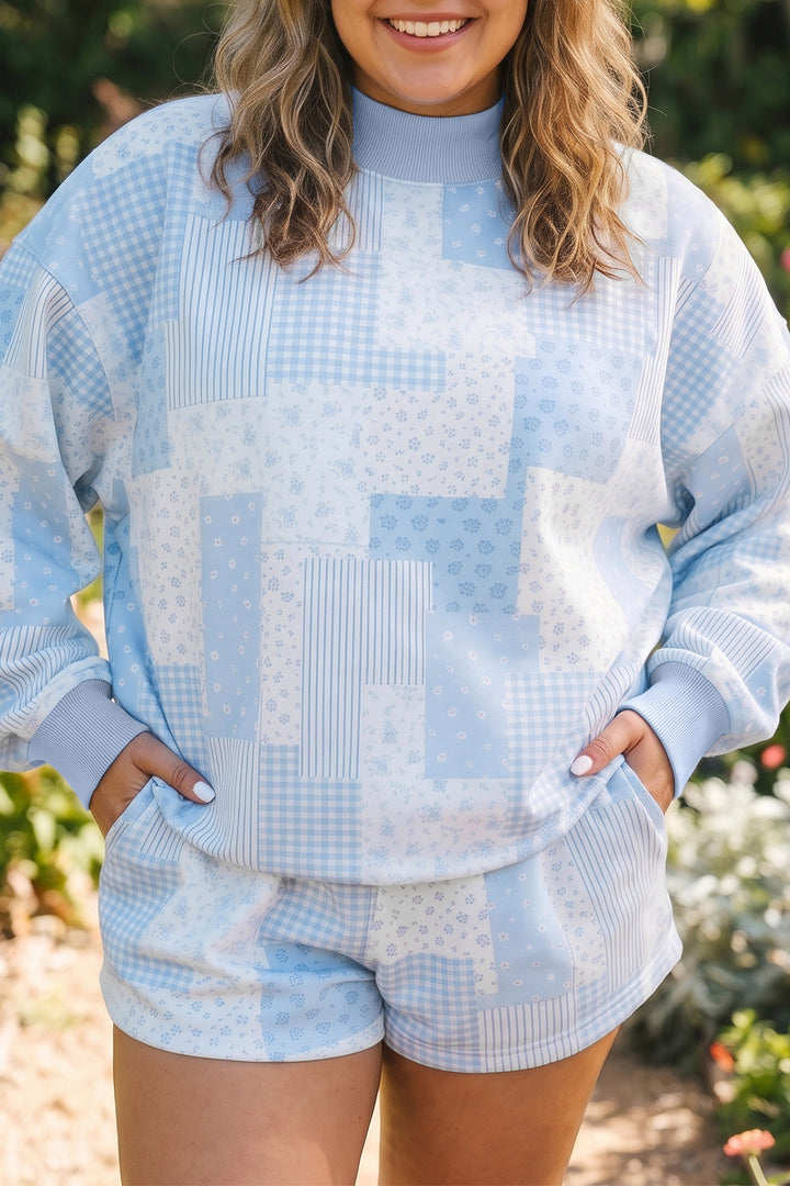 Sky Blue Patchwork Floral Print Stand Neck Long Sleeve Two-piece Outfit Plus Size Set