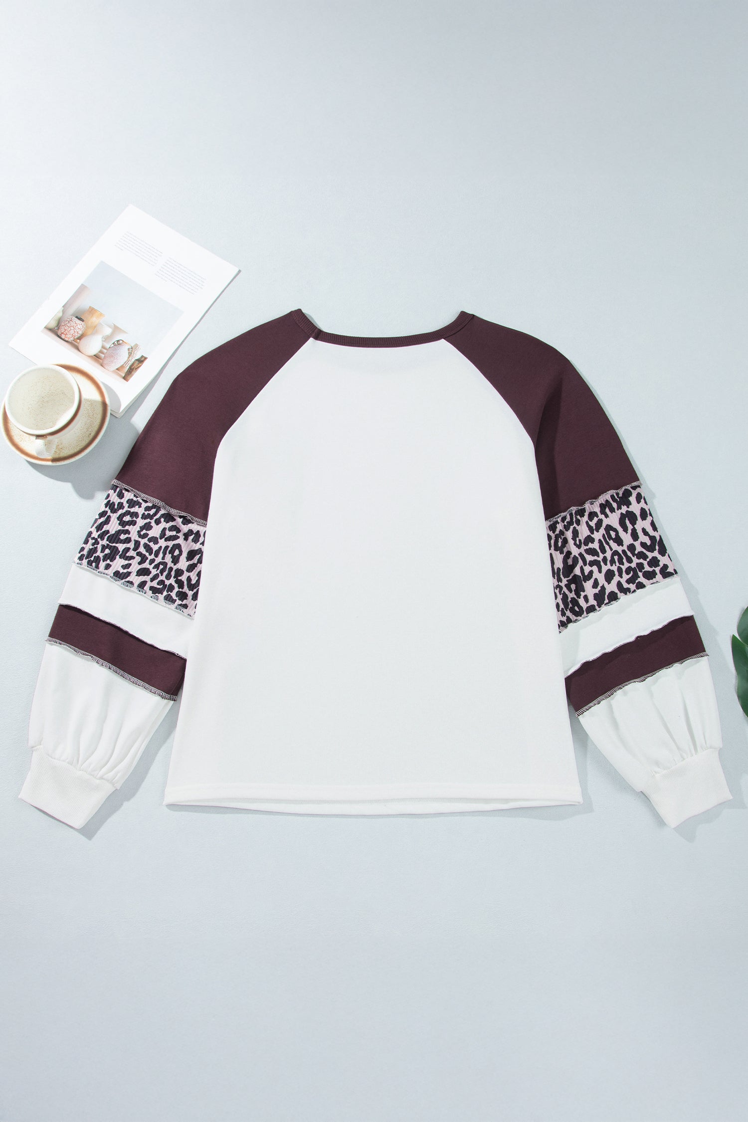 Beige Leopard Print Colorblock Round Neck Long Sleeve Plus Size Blouse
