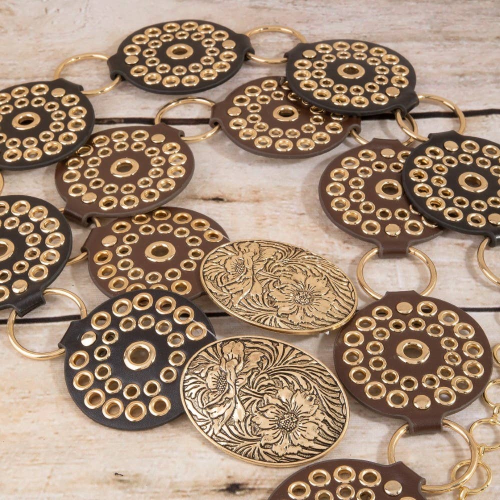 Vegan Leather Studded Disc Floral Medallion Chain Belt