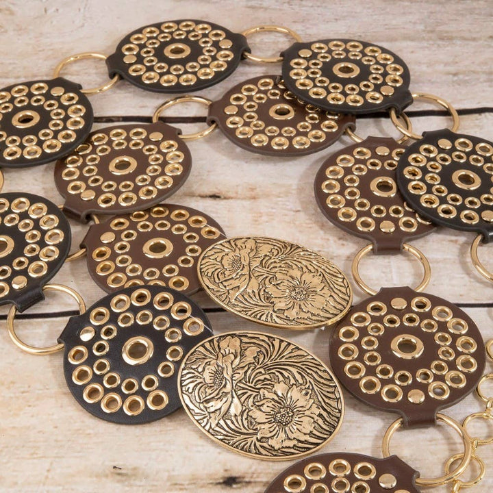 Vegan Leather Studded Disc Floral Medallion Chain Belt