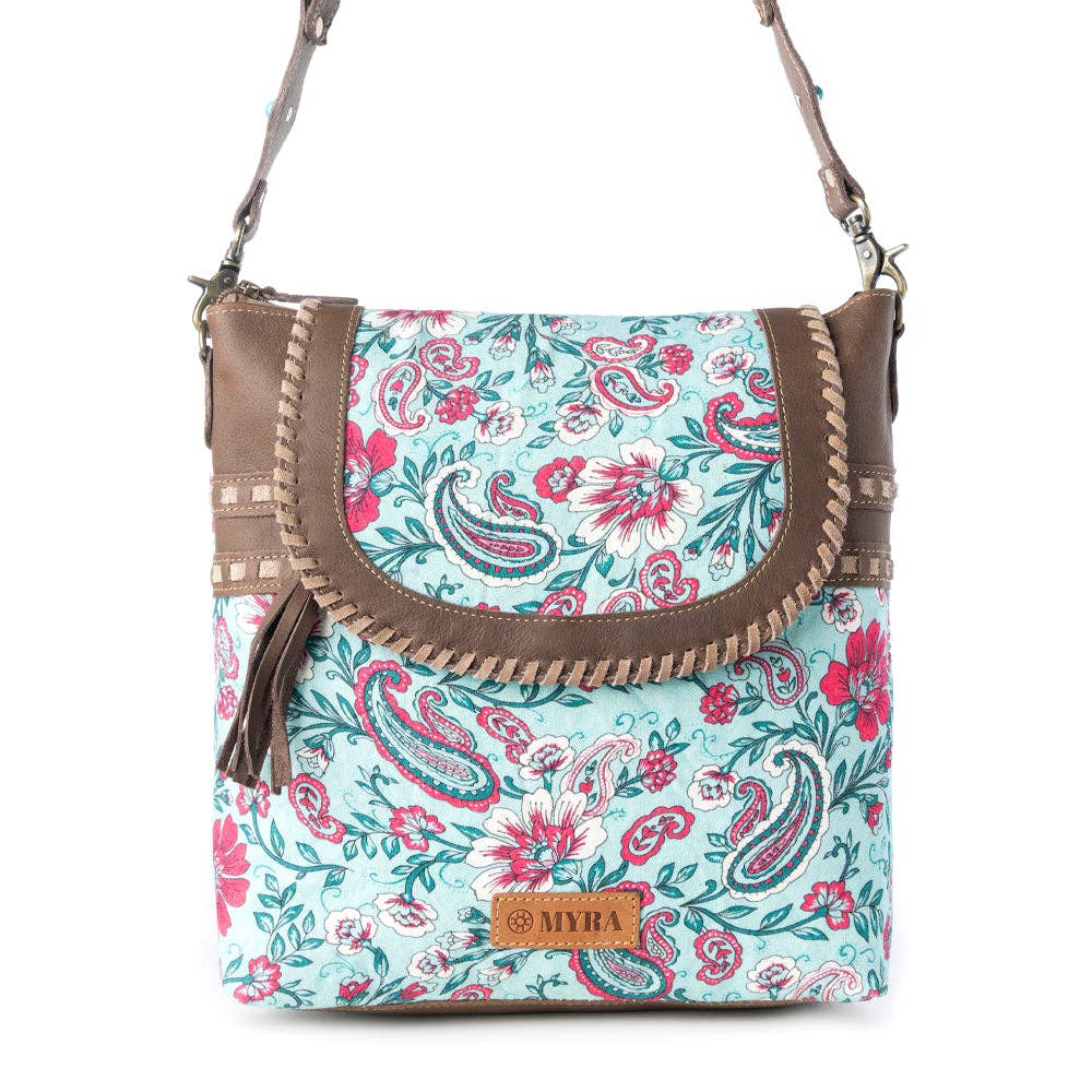 Myra Bag Lagoon Lily upcycled canvas Bag for Women in blue with leather and weaved flap