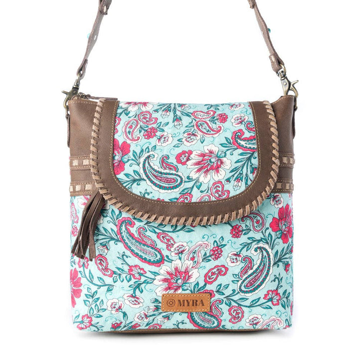 Myra Bag Lagoon Lily upcycled canvas Bag for Women in blue with leather and weaved flap