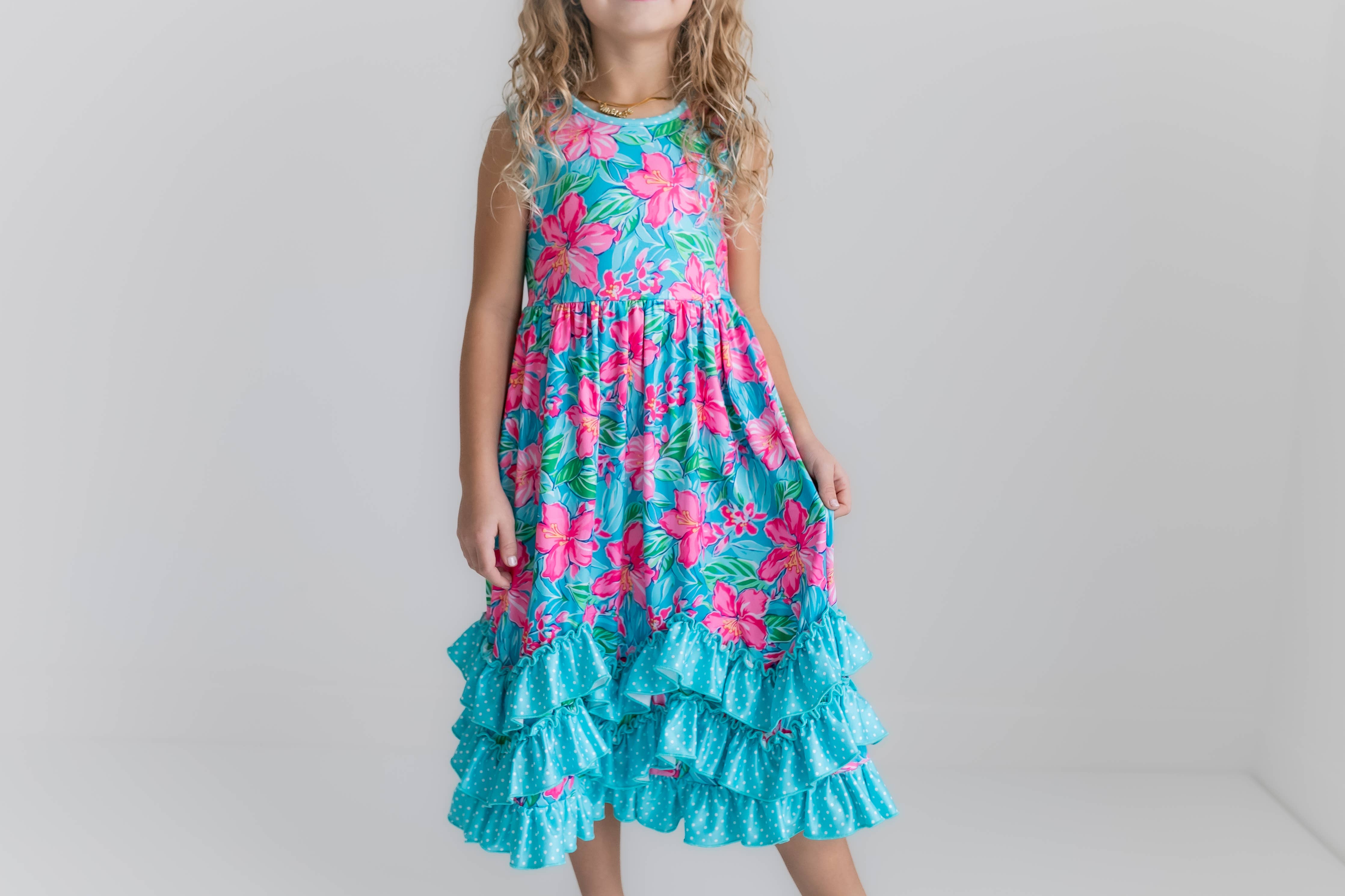 Kids Pink Blue Tropical Ruffle Dress