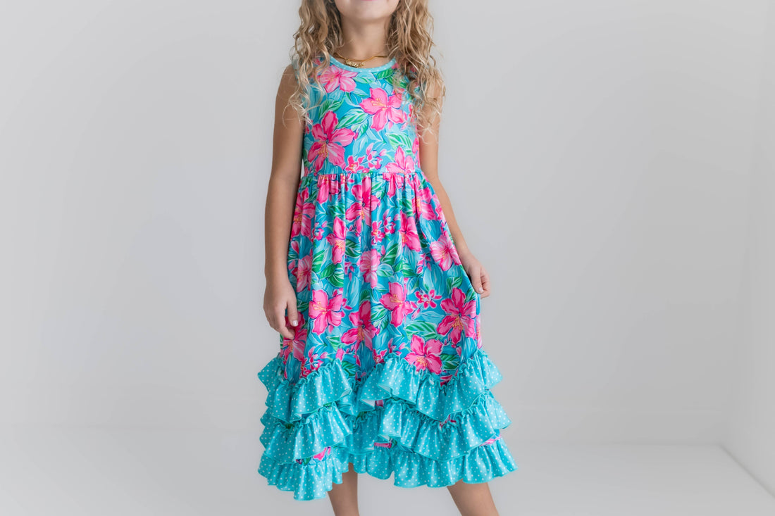 Kids Pink Blue Tropical Ruffle Dress