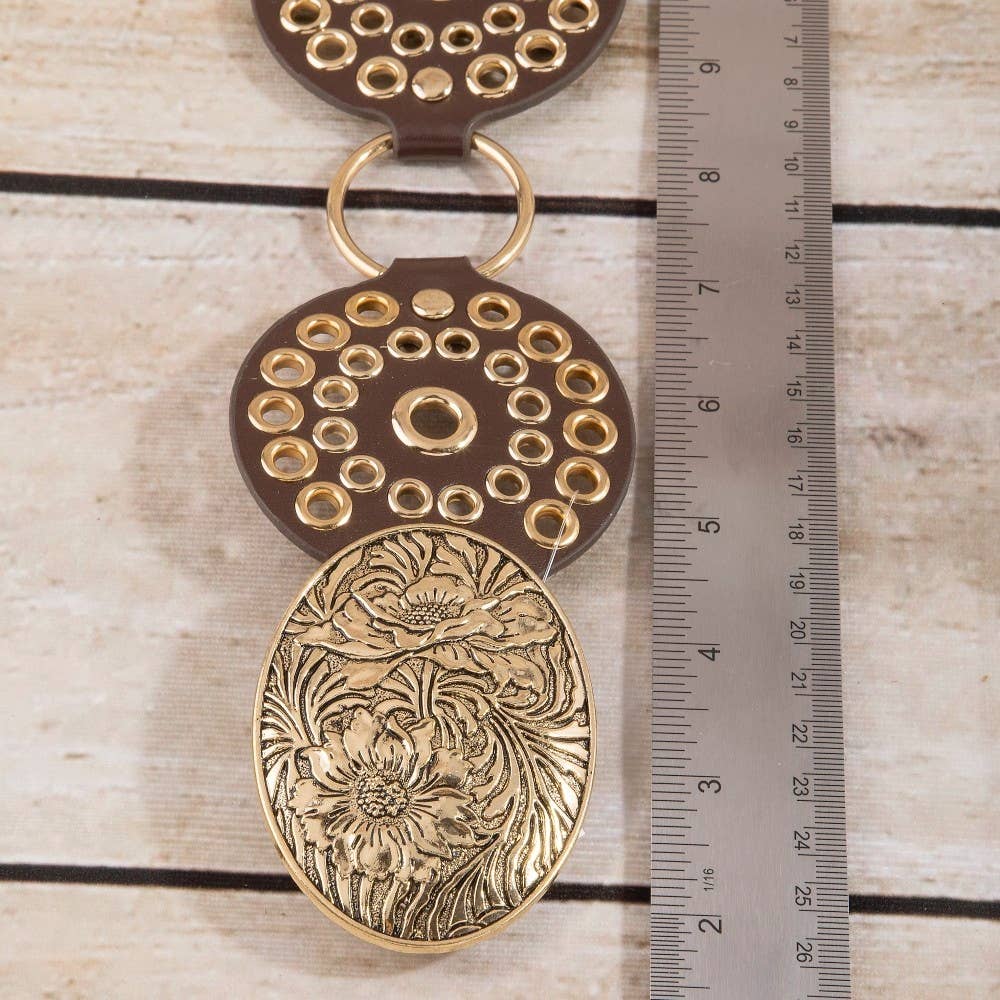 Vegan Leather Studded Disc Floral Medallion Chain Belt